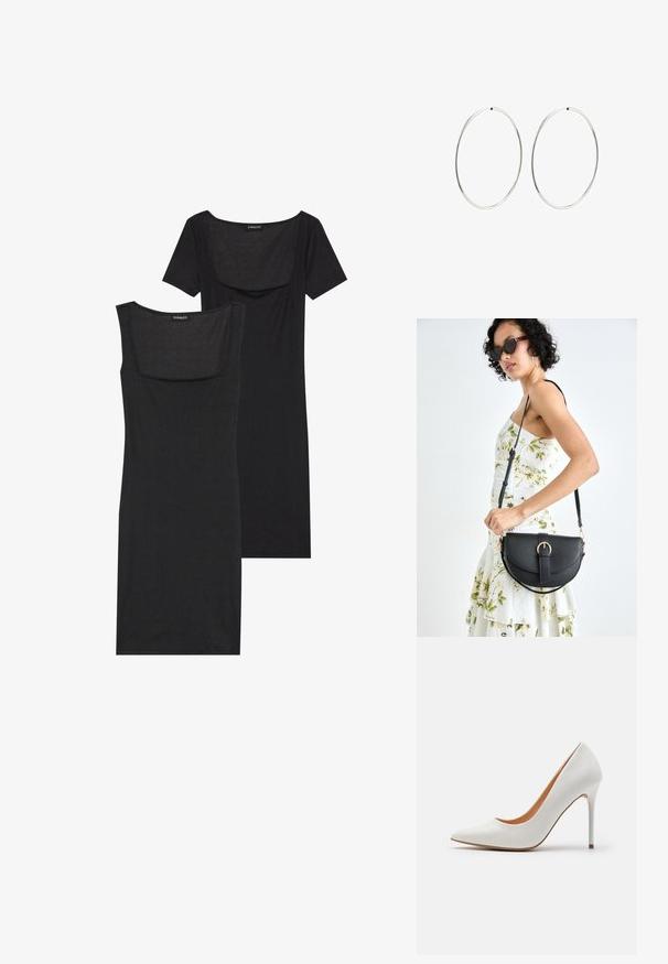 Must ülikondadega kleit ruudukujulise dekoltee, lühikeste varrukate ja ribatekstuuriga. Kaks varianti: heledama musta ja tumedama musta tooni näidatud.; Valge lakitud nahk kõrge kontsaga pump, millel on terav nina ja peen stiletto konts, millel on sile tekstuur ja beež sisemus.; Mustmust mustraha kõverate joontega, eemaldatava rihmaga ja kuldsete detailidega. Kotil on klapp, millel on pandladetail.; Hõbedased rõngaskõrvarõngad, millel on sujuv, ümmargune disain ja poleeritud viimistlus. Need on õhukesed ja kerged, omades lihtsat klambrit.