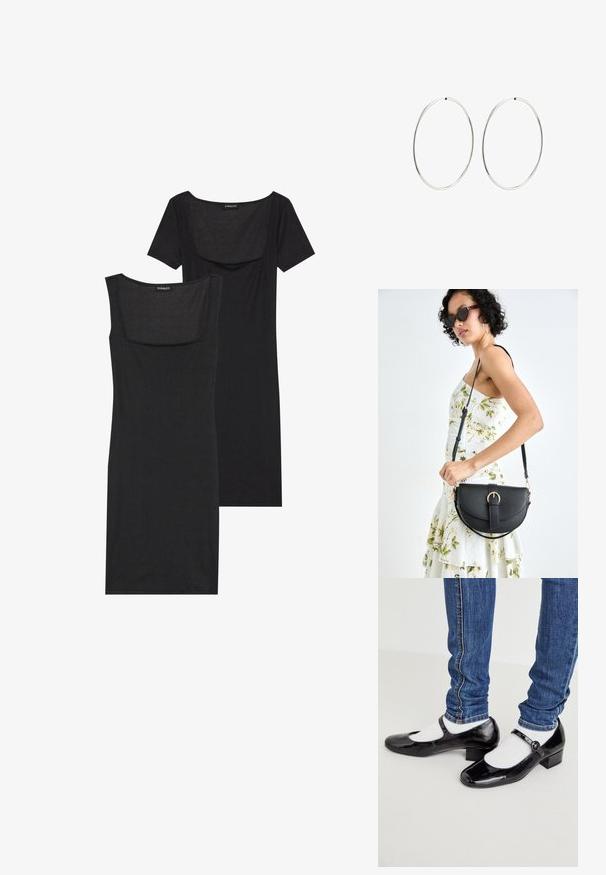 Schwarzes Bodycon-Kleid mit quadratischem Ausschnitt, kurzen Ärmeln und gerippter Textur. Zwei Varianten: in hellschwarzem und tieferem Schwarz.; Schwarze Lackleder-Mary-Jane-Schuhe mit quadratischer Spitze, kleinem Absatz, Knöchelriemen und weißen Socken, kombiniert mit blauen Skinny-Jeans.; Schwarze Lederhandtasche mit geschwungener Form, abnehmbarem Tragegurt und goldenen Beschlägen. Die Tasche verfügt über einen Deckel mit einer Schnallen-Details.; Silberne Creolen mit einem glatten, runden Design und einer polierten Oberfläche. Sie sind dünn und leicht und verfügen über einen einfachen Verschluss.