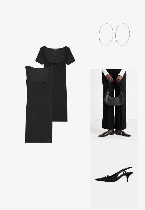 Mustassa, vartalonmyötäisessä mekossa on neliönmallinen pääntie, lyhyet hihat ja ribbikuviointi. Kaksi sävyä: vaaleampi musta ja syvempi musta.; Musta teräväkärkinen slingback-korkokenkä, jossa on matala kaareva korko ja pieni kultainen solki etu- ja nilkkahihnassa.; Mustapohjainen nahkalaukku, jolla on pyöreä muoto, kiiltävä pinta ja hopeiset varusteet. Henkilöllä on päällään mustat leveälahkeiset housut ja niittilapaset.; Hope hopeita hopeita, joissa on sileä, pyöreä muoto ja kiiltävä pinta. Ne ovat ohuita ja kevyitä, ja niissä on yksinkertainen lukitus.