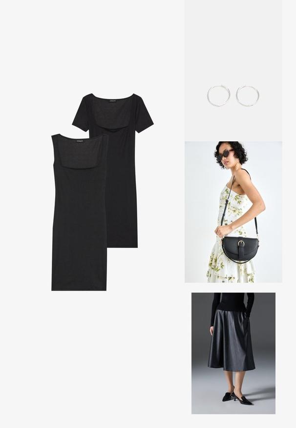 Melnā ķermeni pieguļošā kleita ar kvadrātveida dekoltē, īsām piedurknēm un ribotu tekstūru. Divas variācijas: gaiša melnā un tumšāka melnā nokrāsa.; Melnas ādas midi svārki ar gludu tekstūru; satur jostasvietu un sānu kabatas. Apvienoti ar spīdīgām melnām kurpēm ar papēdi.; Melnas ādas rokassoma ar izliekta formu, noņemamu siksnu un zelta aksesuāriem. Somai ir vāciņš ar sprādzes detaļu.; Sudraba riņķa auskari ar elegantu, apaļu dizainu, kas izceļas ar gludu virsmu un bez redzamām rotājumām. Diametrs netiek norādīts.