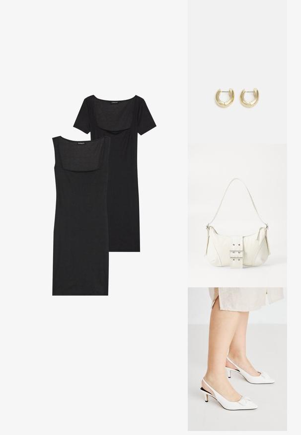 Čierna bodycon šaty so štvorcovým výstrihom, krátkymi rukávmi a rebrovanou textúrou. Dve varianty: svetlo čierna a hlbšia čierna.; Biele kožené slingback topánky s nízkym podpätkom, s hranatou špičkou a detailom mašle na prednej strane. Hladká textúra a minimalistický dizajn.; Biela taška cez rameno s textúrovaným povrchom, centrálnou prackou a zakriveným tvarom. Zipsy na oboch stranách.; Zlaté kruhové náušnice s hladkým, lesklým povrchom. S polkruhovým tvarom a bezpečným zapínaním na kolík.