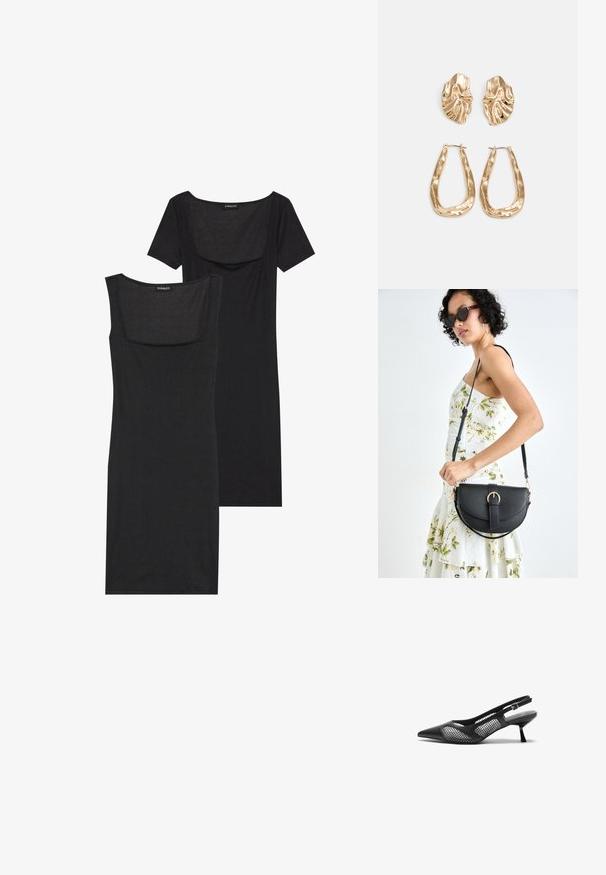 Black bodycon dress with a square neckline, short sleeves, and ribbed texture. Two variations: light black and deeper black shades shown.; Black slingback pump with a pointed toe, featuring mesh accents, a low heel, and an adjustable ankle strap for a secure fit.; Black leather handbag with a curved shape, detachable strap, and gold hardware. The bag features a flap with a buckle detail.; Gold-tone earrings featuring textured, wavy shapes. Includes sculptural clip-on studs and open hoop design with a hammered finish.
