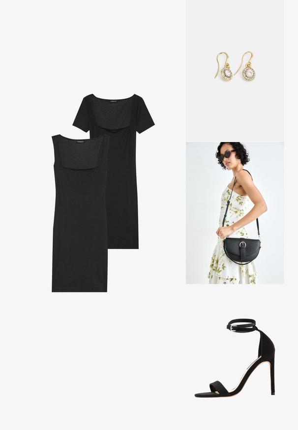 Svart bodycon-klänning med fyrkantig halsringning, korta ärmar och ribbad textur. Två variationer: ljus svart och djupare svarta nyanser visas.; Svarta mocka hight heel-sandaletter med en enkel remdesign, öppen tå och ankelrem med en silverfärgad spänne.; Svart läderhandväska med en böjd form, avtagbar rem och guldiga detaljer. Väskan har ett lock med en spänndetalj.; Guldtonade örhängen med ovalformade klara kristaller omgivna av mindre klara stenar, med en krokdesign för säker användning.