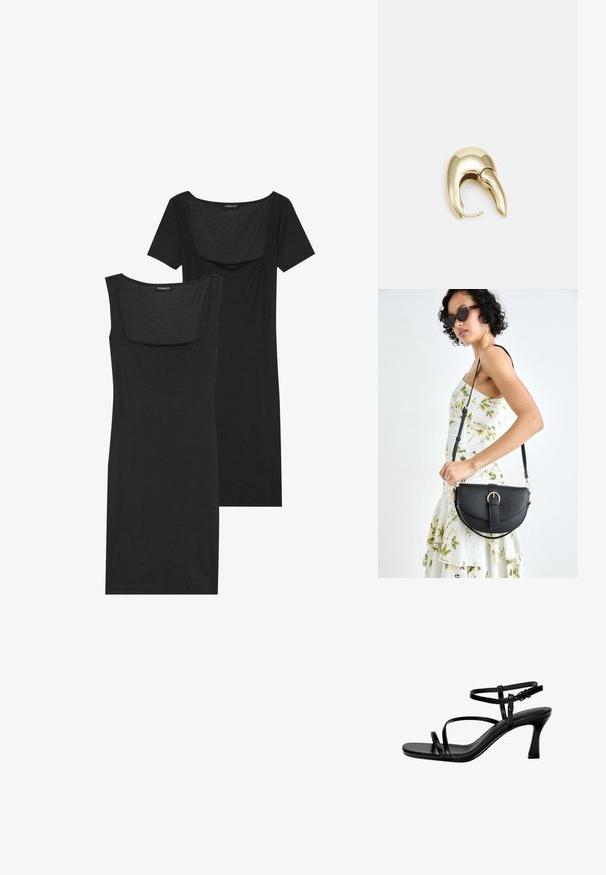 Vestito aderente nero con scollatura quadrata, maniche corte e texture a costine. Due varianti: tonalità nero chiaro e nero più intenso.; Sandali con tacchi in pelle nera, caratterizzati da sottili cinturini, punta quadrata e tacco a stiletto. Cinturino alla caviglia regolabile per una vestibilità perfetta. Texture liscia.; Borsa a tracolla nera in pelle con una forma curva, manico rimovibile e accessori dorati. La borsa presenta una patta con un dettaglio a fibbia.; Orecchino in metallo color oro con un design elegante e curvo. Presenta una forma appuntita distintiva, superficie lucida e chiusura a cerniera.