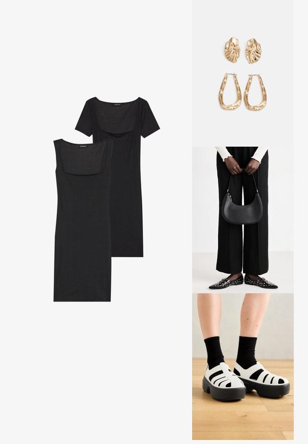 Vestido bodycon preto com decote quadrado, mangas curtas e textura canelada. Duas variações: tons de preto claro e preto mais profundo apresentados.; Sandálias brancas chunky com detalhes pretos, apresentando múltiplos recortes e uma sola preta espessa. Um material texturizado cobre os dedos e os lados.; Bolsa de ombro de couro preta com forma arredondada, acabamento brilhante e ferragens prateadas. Pessoa vestindo calças largas pretas e mocassins com tachas.; Brincos em tom de ouro com formas onduladas e texturizadas. Inclui studs escultóricos com presilha e um design de argola aberta com um acabamento martelado.