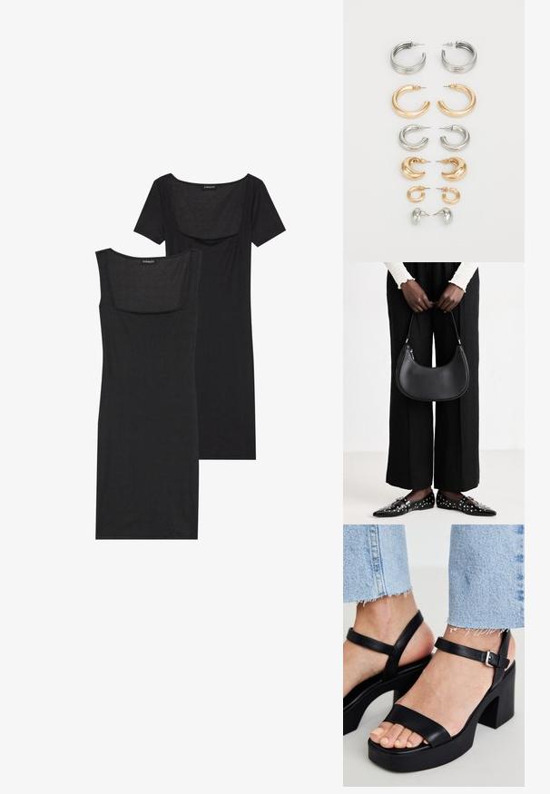 Crna uska haljina s kvadratnim izrezom, kratkim rukavima i rebrastom teksturom. Dvije varijante: svjetlija crna i dublja crna nijansa.; ALDO CELIE - Sandale s visokom petom - black; Crna kožna torba preko ramena zaobljenog oblika, s sjajnom završnom obradom i srebrnim hardverom. Osoba nosi crne hlače širokog kroja i loaferice sa studovima.; Set od osam metalnih naušnica u srebrnim i zlatnim tonovima. Uključuje razne stilove obruča, teksture i završne obrade, raspoređene po veličini.