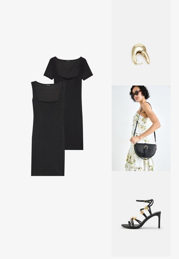 Sort bodycon kjole med firkantet halsudskæring, korte ærmer og ribbet tekstur. To variationer: lys sort og dybere sorte nuancer vist.; Sort strop sandal med høje hæle, dekoreret med delikate guldblomst accenter og en glat tekstur; har en spænde lukning på ankelremmen.; Sort læderhåndtaske med en buet form, aftagelig rem og guldfinish. Tasken har en klap med en spænde detalje.; Guldtonet metal ørering med et slankt, buet design. Har en karakteristisk spids form, poleret overflade og hængselåbning.