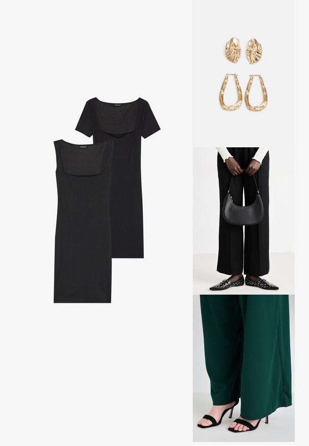 Mustassa, vartalonmyötäisessä mekossa on neliönmallinen pääntie, lyhyet hihat ja ribbikuviointi. Kaksi sävyä: vaaleampi musta ja syvempi musta.; Vihreät leveät housut, jotka on valmistettu sileästä kankaasta, yhdistettynä mustiin hihnallisiin korkokenkiin, joissa on avonaiset varpaat ja tyylikäs muotoilu.; Mustapohjainen nahkalaukku, jolla on pyöreä muoto, kiiltävä pinta ja hopeiset varusteet. Henkilöllä on päällään mustat leveälahkeiset housut ja niittilapaset.; Korukultainen korvakorut, joissa on teksturoituja, aaltoilevia muotoja. Mukana on veistokselliset klipsikorvakorut ja avoin rengasmalli, jossa on vasaroitu pinta.