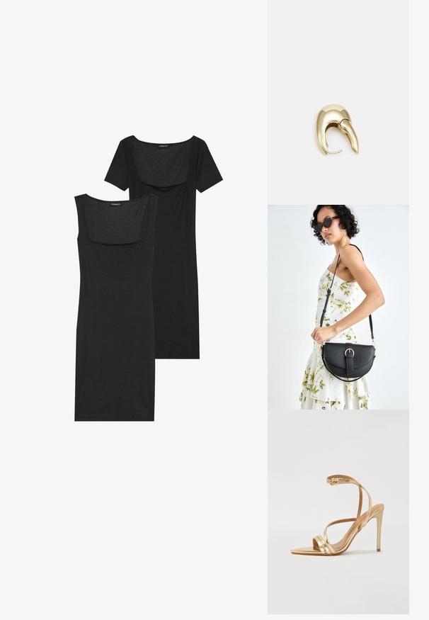 Črna obleka bodycon s kvadratnim dekoltejem, kratkimi rokavi in rebrasto teksturo. Prikazane so dve različici: svetlejša črna in temnejša črna odtenka.; Even&Odd Sandali z visoko peto - gold; Črna usnjena torbica s ukrivljeno obliko, z odstranljivo naramnico in zlatimi dodatki. Torbica ima pokrov s podrobnostmi v obliki zaponke.; Uhane nakit iz zlatastega tona z gladko, ukrivljeno zasnovo. Ima edinstveno koničasto obliko, polirano površino in zaponko s tečajem.