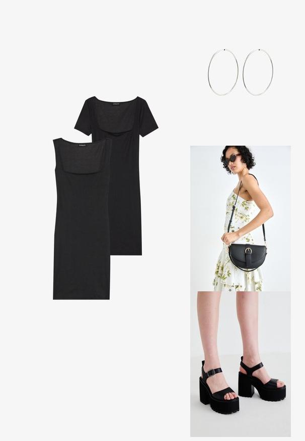 Must ülikondadega kleit ruudukujulise dekoltee, lühikeste varrukate ja ribatekstuuriga. Kaks varianti: heledama musta ja tumedama musta tooni näidatud.; Buffalo KILLAH NEAT - Kõrge kontsaga sandaalid - black; Mustmust mustraha kõverate joontega, eemaldatava rihmaga ja kuldsete detailidega. Kotil on klapp, millel on pandladetail.; Hõbedased rõngaskõrvarõngad, millel on sujuv, ümmargune disain ja poleeritud viimistlus. Need on õhukesed ja kerged, omades lihtsat klambrit.