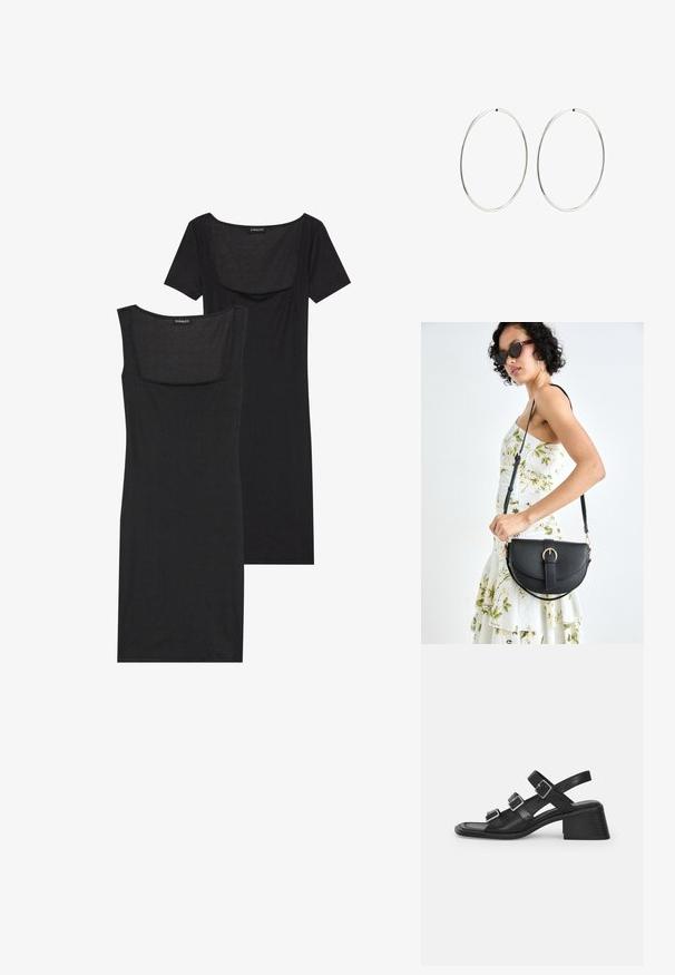 Čierna bodycon šaty so štvorcovým výstrihom, krátkymi rukávmi a rebrovanou textúrou. Dve varianty: svetlo čierna a hlbšia čierna.; Čierne kožené sandále so tromi nastaviteľnými prackami, štvorcovou špičkou a zoštíhleným blokovým podpätkom. Hladká textúra a minimalistický dizajn.; Čierna kožená kabelka s zaobleným tvarom, odnímateľným popruhom a zlatými doplnkami. Kabelka má klopu s detailom s prackou.; Strieborné kruhové náušnice s hladkým, okrúhlym dizajnom a lesklým povrchom. Sú tenké a ľahké, s jednoduchým uzáverom.