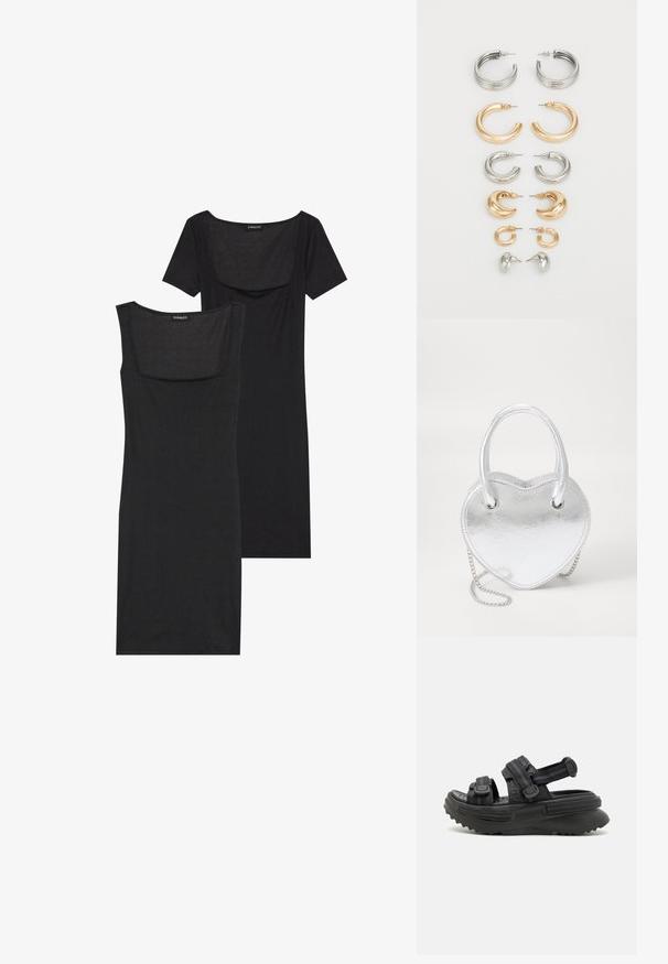 Rochie bodycon neagră cu decolteu pătrat, mâneci scurte și textură nervurată. Două variații: tonuri de negru deschis și negru mai profund.; Sandale negre cu platformă, dotate cu curele ajustabile, talpă din cauciuc cu un model de nervuri zimțate și țesătură texturată pentru confort și suport.; Geantă de mână în formă de inimă, metalică, argintie, cu două mânere, bretele din lanț și o textură netedă. Dispune de accesorii metalice și margini cusute.; Set de opt cercei din metal în tonuri de argint și aur. Include diverse stiluri de cerc, texturi și finisaje, aranjate după dimensiune.