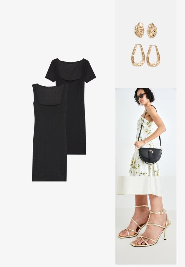 Vestido bodycon preto com decote quadrado, mangas curtas e textura canelada. Duas variações: tons de preto claro e preto mais profundo apresentados.; Sandálias de salto alto douradas com tiras metálicas finas e design de ponta aberta. O salto é esbelto com um acabamento brilhante.; Bolsa de couro preta com forma curva, alça destacável e detalhes em dourado. A bolsa possui uma aba com detalhe de fivela.; Brincos em tom de ouro com formas onduladas e texturizadas. Inclui studs escultóricos com presilha e um design de argola aberta com um acabamento martelado.