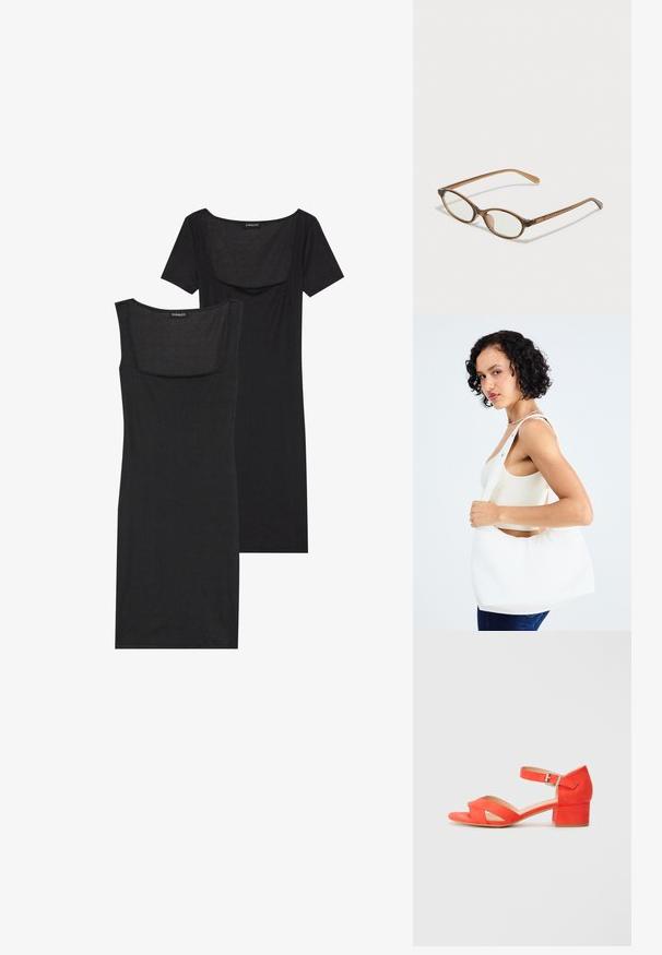 Must ülikondadega kleit ruudukujulise dekoltee, lühikeste varrukate ja ribatekstuuriga. Kaks varianti: heledama musta ja tumedama musta tooni näidatud.; Kollase suede sandaalid ploki kontsaga, millel on risti rihmad ja pahkluu rihm hõbedase kinnitusega. Lame tald.; Pruunid kilpkonnaläätsed ovaalsete objektiividega, õhukesed kaared ja läbipaistvad aktsendid. Templi peal on peene logoga. Sujuv, kergesti kandmiseks mõeldud disain.; Valge õlakott, mis on valmistatud siledast materjalist, ümmarguse lõikega ja laia rihmaga. Lihtne ja modernne, ilma nähtava riistvara või detailideta.