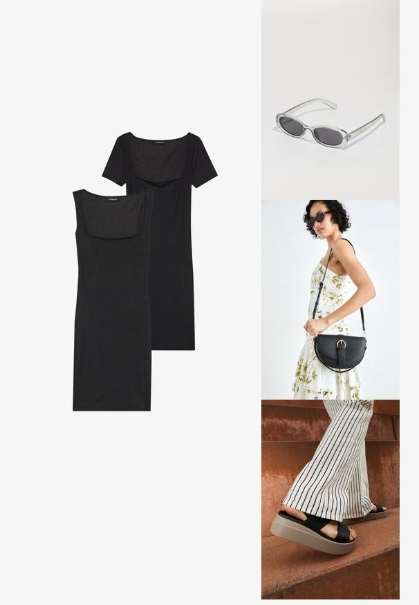 Vestido negro ajustado con escote cuadrado, mangas cortas y textura acanalada. Se muestran dos variaciones: tonos negro claro y negro más intenso.; Chanclas negras con una amplia tira cruzada, que cuentan con una gruesa suela de plataforma beige, combinadas con pantalones de campana de rayas crema sobre una superficie rojiza.; Gafas de sol con forma ovalada, montura de plástico transparente, lentes gris oscuro y patillas delgadas y transparentes con acentos de logotipo y un diseño minimalista.; Bolso de piel negra con forma curva, correa desmontable y herrajes dorados. El bolso cuenta con una solapa con un detalle de hebilla.