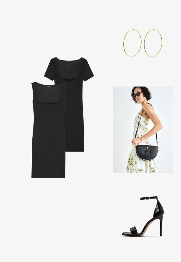 Zwarte bodycon jurk met een vierkante halslijn, korte mouwen en geribbelde textuur. Twee variaties: lichte zwarte en diepere zwarte tinten getoond.; Zwarte lakleren hoge hak sandaal met een open teen, enkelbandje en een slanke, glanzende afwerking. Heeft een slank stiletto-hak.; Zwarte leren handtas met een gebogen vorm, afneembare schouderband en gouden hardware. De tas heeft een klep met een gespsluiting.; Gouden hoepeloorbellen met een glad, afgerond ontwerp. Dun en lichtgewicht, met een doorlopende lus zonder versieringen.