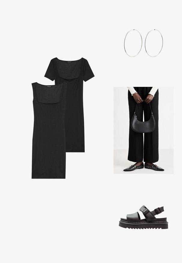 Black bodycon dress with a square neckline, short sleeves, and ribbed texture. Two variations: light black and deeper black shades shown.; Black leather sandals feature a wide toe strap, two adjustable buckle straps, and a thick, ridged, platform sole for stability.; Black leather shoulder bag with a rounded shape, glossy finish, and silver hardware. Person wearing black wide-leg pants and studded loafers.; Silver hoop earrings with a smooth, round design and a polished finish. They are thin and lightweight, featuring a simple clasp closure.
