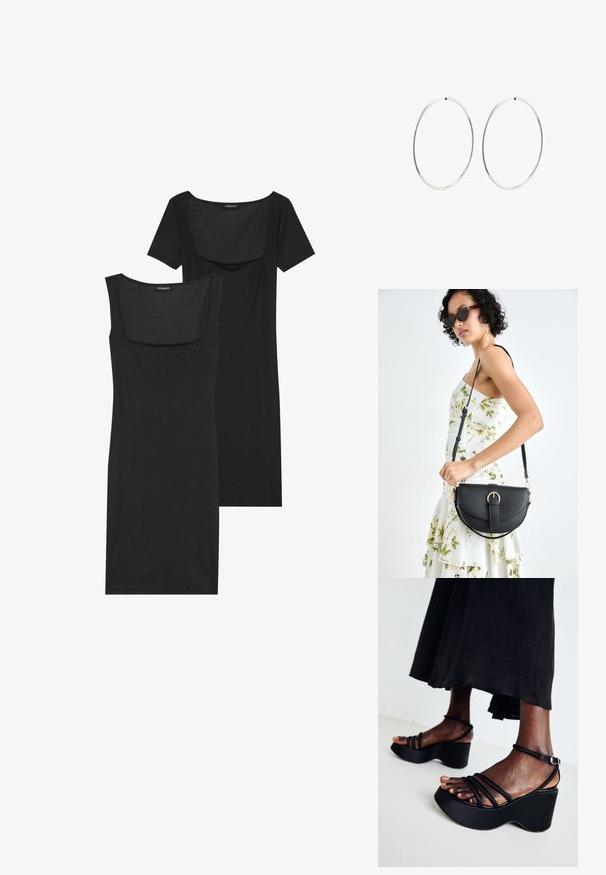 Melnā ķermeni pieguļošā kleita ar kvadrātveida dekoltē, īsām piedurknēm un ribotu tekstūru. Divas variācijas: gaiša melnā un tumšāka melnā nokrāsa.; Melni plecu sūkņi ar vairākiem plāniem jostām, regulējamiem potīšu sprādzēm, teksturētu virsmu un noapaļotu papēdi.; Melnas ādas rokassoma ar izliekta formu, noņemamu siksnu un zelta aksesuāriem. Somai ir vāciņš ar sprādzes detaļu.; Sudraba riņķa auskari ar gludu, apaļu dizainu un pulētu apdari. Tie ir plāni un viegli, ar vienkāršu aizdari.