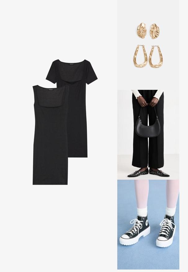 Vestido bodycon preto com decote quadrado, mangas curtas e textura canelada. Duas variações: tons de preto claro e preto mais profundo apresentados.; Ténis pretos de cano alto com solas e atacadores brancos, apresentando um logo circular ao lado e costura preta em contraste. Superior em tecido texturizado.; Bolsa de ombro de couro preta com forma arredondada, acabamento brilhante e ferragens prateadas. Pessoa vestindo calças largas pretas e mocassins com tachas.; Brincos em tom de ouro com formas onduladas e texturizadas. Inclui studs escultóricos com presilha e um design de argola aberta com um acabamento martelado.