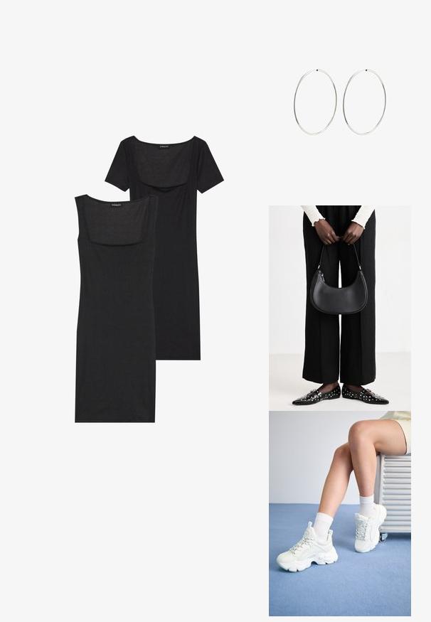 Robe noire moulante à décolleté carré, à manches courtes et à texture côtelée. Deux variations : nuances de noir clair et noir plus profond sont présentées.; Baskets blanches à lacets avec une semelle épaisse, en matériau synthétique lisse, accents texturés et une languette au niveau du talon.; Sac à main en cuir noir avec une forme arrondie, finition brillante et quincaillerie en argent. Personne portant un pantalon large noir et des mocassins cloutés.; Boucles d'oreilles en argent avec un design lisse et rond, et une finition polie. Elles sont fines et légères, avec un fermoir simple.