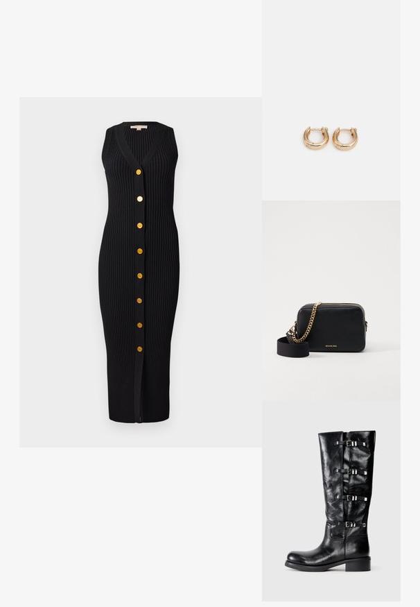 Robe en tricot côtelé noir avec un décolleté en V, sans manches et boutons dorés sur le devant, présentant une silhouette ajustée.; Bottines en cuir noir, hauteur genou, avec un bout arrondi, présentant trois accents de sangle avec des boucles en métal et un petit talon carré. Texture lisse.; Sac bandoulière en cuir noir avec des accents en chaîne dorée, fermeture zippée et une bandoulière en tissu amovible. Logo Michael Kors sur le devant.; Boucles d'oreilles en or avec une finition polie, présentant un design circulaire épais et un mécanisme de fermeture sécurisé. Texture lisse et apparence brillante.