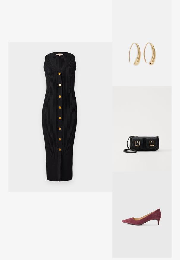 Black ribbed knit dress with a V-neckline, sleeveless design, and gold-tone buttons down the front, featuring a fitted silhouette.; Burgundy suede high heel pump with a pointed toe, low heel, and smooth inner lining. Textured exterior and sleek, classic design.; Black leather crossbody bag with two front pockets, gold buckles, zipper closure, and a slim strap. Textured surface and compact rectangular shape.; Gold-tone metal hoop earrings with a curved, elongated shape. Features a smooth, shiny surface and a rounded tip for added detail.