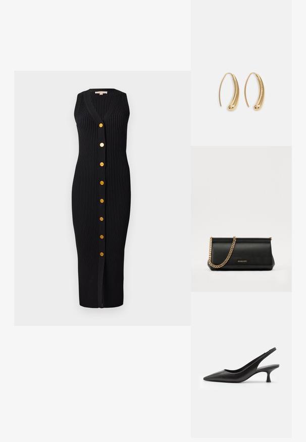 Vestido de punto negro con canalé, escote en V, diseño sin mangas y botones dorados en la parte delantera, presentando una silueta ajustada.; Stuart Weitzman SLINGBACK - Tacones - black; Cartera de mano de piel negra con una correa de cadena dorada, que presenta una textura suave, forma rectangular y un logotipo en relieve en la parte frontal.; Pendientes de aro de metal en tono dorado con una forma curva y alargada. Presentan una superficie lisa y brillante y una punta redondeada para mayor detalle.