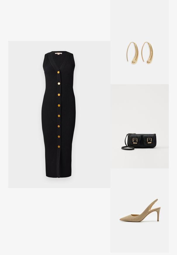 Mustmust värvi ribakudumine kleit V-kaelusega, ilma varrukateta disain ja kuldse tooni nupud esiküljel, millel on voolujoonekujuline siluett.; MICHAEL Michael Kors ALINA FLEX SLING - Kõrge kontsaga kingad - pale gold; Must küllastamata nahast õlakott, millel on kaks esist nähtavat taskut, kuldsed pandlad, tõmblukuga sulgemine ja peen rihm. Tekstuuriga pind ja kompaktne ristkülikukujuline kuju.; Kuldtoonilised metallist rõngas kõrvarõngad, millel on kõver ja piklik kuju. Omavad siledat, läikivat pinda ja ümarat tipptugevdust, mis lisab detaili.