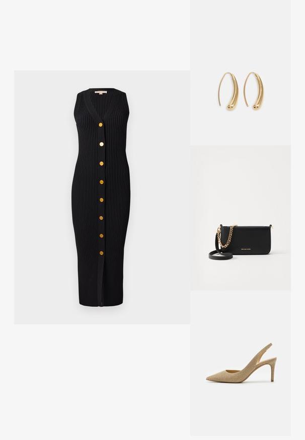 Schwarzes geripptes Strickkleid mit V-Ausschnitt, ärmellosem Design und goldfarbenen Knöpfen auf der Vorderseite, das eine figurbetonte Silhouette bietet.; MICHAEL Michael Kors ALINA FLEX SLING - High Heel Pumps - pale gold; Schwarze Leder-Clutch mit goldener Kettenakzent, glatter Texture und goldener Logo-Details. Inklusive einem verstellbaren Tragegurt für Vielseitigkeit.; Goldfarbene Metall-Hoops mit einer geschwungenen, länglichen Form. Sie verfügen über eine glatte, glänzende Oberfläche und eine abgerundete Spitze für zusätzliche Details.