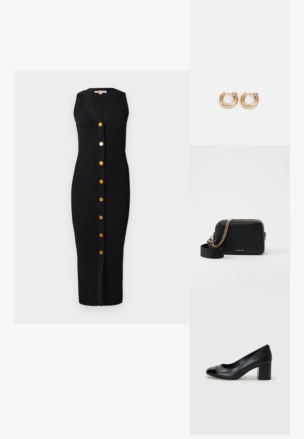 Schwarzes geripptes Strickkleid mit V-Ausschnitt, ärmellosem Design und goldfarbenen Knöpfen auf der Vorderseite, das eine figurbetonte Silhouette bietet.; Schwarze Leder-Pump mit glänzendem schwarzem Zehenkappen und einem stabilen Absatz. Glatte Textur und runde Form mit einer subtilen Öffnung vorne.; Schwarze Leder-Crossbody-Tasche mit goldenen Kettenakzenten, Reißverschluss und abnehmbarem Stoffgurt. Michael Kors-Logo auf der Vorderseite.; Goldene Creolen mit polierter Oberfläche, die ein dickes, rundes Design aufweisen und über einen sicheren Verschlussmechanismus verfügen. Glatte Textur und glänzendes Aussehen.