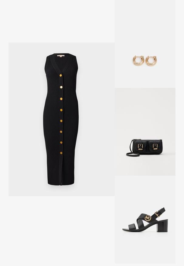 Vestido de punto negro con canalé, escote en V, diseño sin mangas y botones dorados en la parte delantera, presentando una silueta ajustada.; Sandalia de cuero negra con correas entrelazadas y un logo redondo de MK. El tacón es de altura media, proporcionando estabilidad y un diseño elegante.; Bolso cruzado de cuero negro con dos bolsillos frontales, hebillas doradas, cierre de cremallera y una correa delgada. Superficie texturizada y forma rectangular compacta.; Pendientes de aro de oro con un acabado pulido, que presentan un diseño circular grueso y un mecanismo de cierre seguro. Textura suave y apariencia brillante.