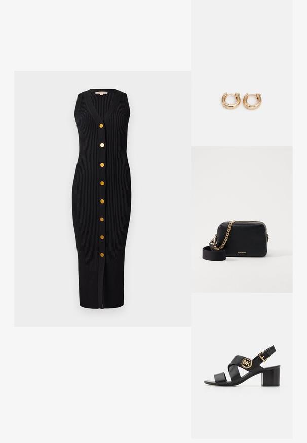 Vestido preto de malha com nervuras, com decote em V, design sem mangas e botões em tom dourado na parte frontal, apresentando uma silhueta ajustada.; Sandalha de couro preta com tiras cruzadas e um logótipo MK redondo. O salto bloco tem altura média, proporcionando estabilidade e um design elegante.; Bolsa transversal de couro preto com detalhes em corrente dourada, fecho de zíper e uma alça de tecido destacável. Logótipo da Michael Kors na frente.; Argolas de ouro com acabamento polido, apresentando um design circular e espesso, além de um mecanismo de fecho seguro. Textura suave e aparência brilhante.