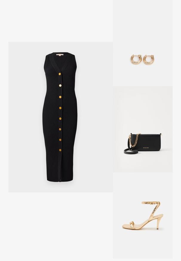 Čierne rebrované pletené šaty s výstrihom do V, bez rukávov, so zlatými gombíkmi na prednej strane a priliehavým strihom.; Zlaté metalické sandále na vysokom opätku s tenkým remienkom okolo členku, štvrcovou špičkou a dekoračnými kovovými akcentmi. Hladká textura s lesklým povrchom.; Čierna kožená kabelka s pozláteným reťazovým doplnkom, hladká textúra a zlaté logo. Obsahuje nastaviteľný popruh pre všestrannosť.; Zlaté kruhové náušnice s lešteným povrchom, so silným, obdĺžnikovým dizajnom a bezpečným uzatváracím mechanizmom. Hladký povrch a lesklý vzhľad.
