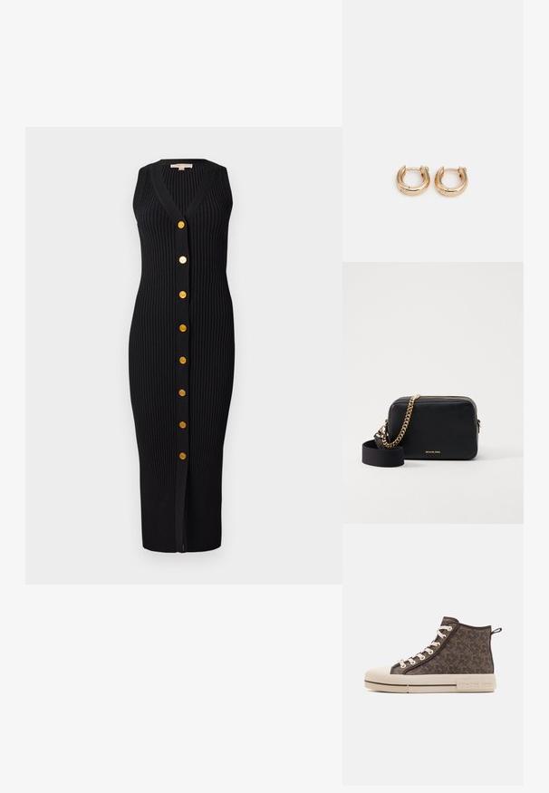 Vestido preto de malha com nervuras, com decote em V, design sem mangas e botões em tom dourado na parte frontal, apresentando uma silhueta ajustada.; Ténis de cano alto em tela castanha com padrão, sola de borracha beje, ferragens em tom dourado e atacadores brancos. Apresenta a marca "MICHAEL KORS".; Bolsa transversal de couro preto com detalhes em corrente dourada, fecho de zíper e uma alça de tecido destacável. Logótipo da Michael Kors na frente.; Argolas de ouro com acabamento polido, apresentando um design circular e espesso, além de um mecanismo de fecho seguro. Textura suave e aparência brilhante.