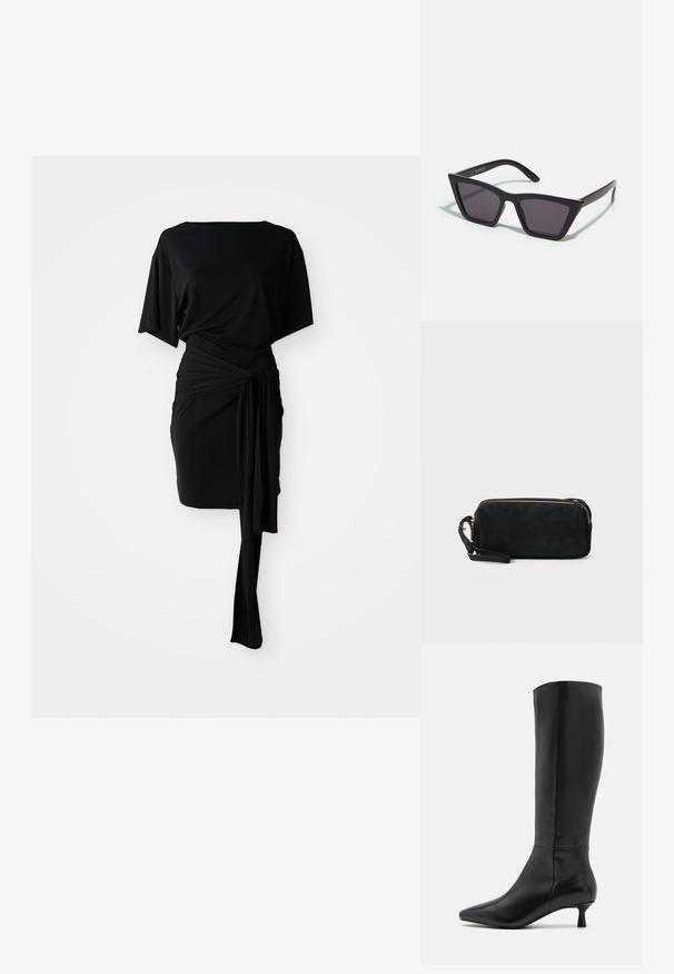 Vestido negro con un top holgado, detalle en la cintura estilo envolvente y una falda drapeada. Hecho de una tela suave, con un corte recto y mangas cortas.; Zign Botas - black; Gafas de sol negras y angulares con lentes grises; fabricadas en plástico, con varillas gruesas de superficie suave y sin herrajes visibles.; Bolso de mano de ante negro con cierre de cremallera y correa para la muñeca desmontable. Presenta herrajes en tono dorado y una textura lisa y mate.