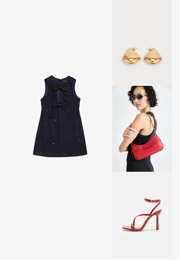 Abito in denim blu navy con design senza maniche, due grandi fiocchi sul davanti e pois bianchi decorativi. Presenta una chiusura con zip sul retro.; ALDO SCINTILLA - Sandali con tacco - red; Borsa a spalla rossa in pelle con una texture liscia, design curvo e un elegante dettaglio a fibbia. Tracolla regolabile e chiusura con zip.; Orecchini in metallo dorato con forma triangolare liscia e arrotondata e design con chiusura a perno; superficie riflettente con minimalismo nei dettagli.