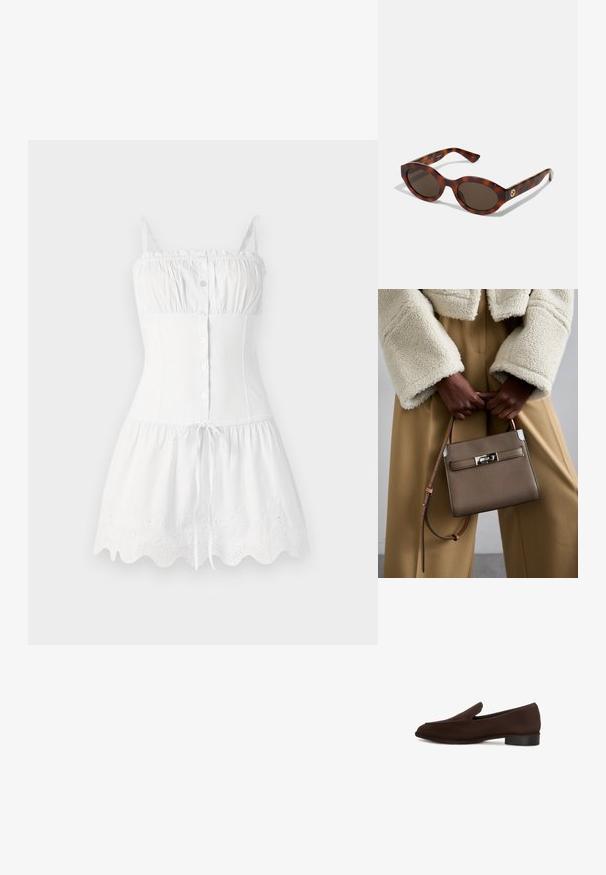 Bílé bavlněné šaty s tenkými ramínky, předním zapínáním na knoflíky, přiléhavým korzetem a rozšířenou sukní. Obsahují vyšívaný zvlněný lem a stahovací pas.; Hnědá nazouvací bota s hladkým povrchem, protáhlým tvarem, nízkým blokovým podpatkem a minimalistickým designem. Žádné viditelné vzory nebo ozdoby.; Kočičí sluneční brýle s kulatými rámy, tmavými skly a zlatým logem na stranách. Hladký plastový materiál, bez viditelných vzorů.; Tory Burch RADZIWILL COLOR-BLOCK PEBBLED PETITE DOUBLE BAG - Kabelka - wild mushroom