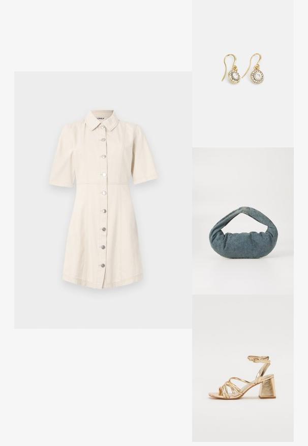 Short-sleeve dress in light beige denim with a collared neckline, silver buttons, and a fitted bodice that flares at the hem.; Gold metallic heeled sandals featuring a strappy design, square block heel, and adjustable ankle strap with a buckle. Smooth texture.; Blue denim bag with a padded, rounded shape and a curved handle. The texture is soft, featuring visible stitching and a smooth finish.; Gold-tone earrings with oval-shaped clear crystals surrounded by smaller clear stones, featuring a hook design for secure wear.