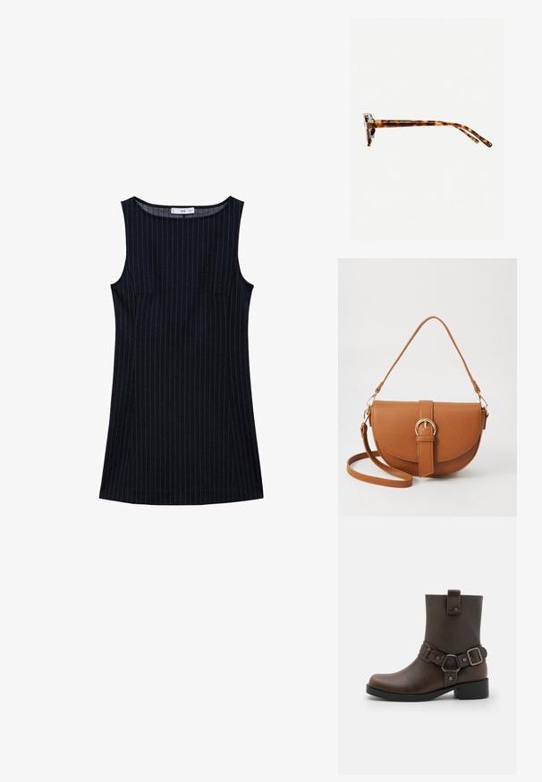 Námorně modré šaty bez rukávů s rovnými liniemi, obsahující boční kapsy a kulatý výstřih. Hladká textura látky.; Hnědá syntetická kotníková bota s plochou podrážkou, s dekoračním pásem a detailem s přezkou, hladkým povrchem a designem s kulatou špičkou.; Sluneční brýle v želvovinovém designu s tlustým rámem, mírně zakřivenými spánky a hladkým povrchem. Klasický design s lesklým finišem.; Hnědá kožená křížová taška s zakřiveným tvarem, zlatými detaily a akcentem s přezkou. Obsahuje odnímatelný popruh na rameno.