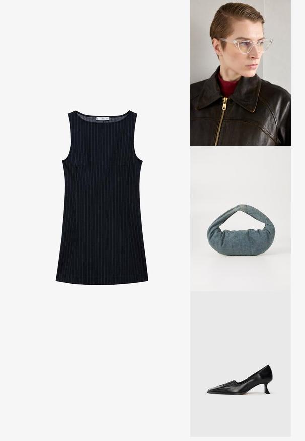 Navy pinstriped sleeveless dress with a straight cut, featuring side pockets and a rounded neckline. Smooth fabric texture.; Black leather mid-heel shoe with square toe and slight ruched detail along the upper edge, shown in side profile on white background.; Clear acetate cat-eye glasses with yellow tinted lenses, worn by a person in a dark leather jacket and red turtleneck. Smooth texture.; Blue denim bag with a padded, rounded shape and a curved handle. The texture is soft, featuring visible stitching and a smooth finish.