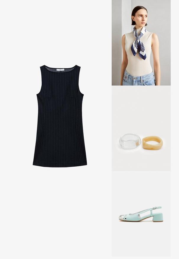 Mornarsko prugasta brezrokavna obleka s pravim krojem, ki vsebuje stranske žepe in okrogel izrez. Gladka tekstura tkanine.; Svetlozelene slingback čevlje iz usnja z metalnim konico, izrezanimi stranskimi paneli in nizko blokasto peto.; Svila šal v temno modri in beli barvi z geometrijskim cikcakom. Gladka tekstura, lepo zavezan okoli vratu, ki dopolnjuje rebrasto majico.; Jasni in jantarni smolnati prstani, en je gladek in prozoren, drugi pa s teksturiranim jantarjem. Obe imata zaobljene, debele oblike.