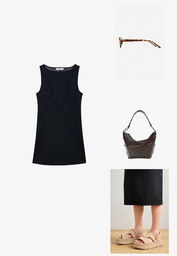 Rochie fără mâneci, de culoare bleu marin, cu dungi verticale, cu o croială dreaptă, având buzunare laterale și un decolteu rotund. Textură de material neted.; Sandale din suede bej, cu un design cu vârful deschis, talpă groasă și curea ajustabilă. Prezintă accente cusute și o suprafață texturată.; Ochelari de soare cu ramă de țestoasă, cu un cadru gros, temple ușor curbate și textură netedă. Prezintă un design clasic, cu o finisare lucioasă.; Geantă de mână din piele maro închis, cu o formă curbată, închidere cu fermoar și un mânere scurt. Include accesorii metalice și butoane decorative negre pe lateral.