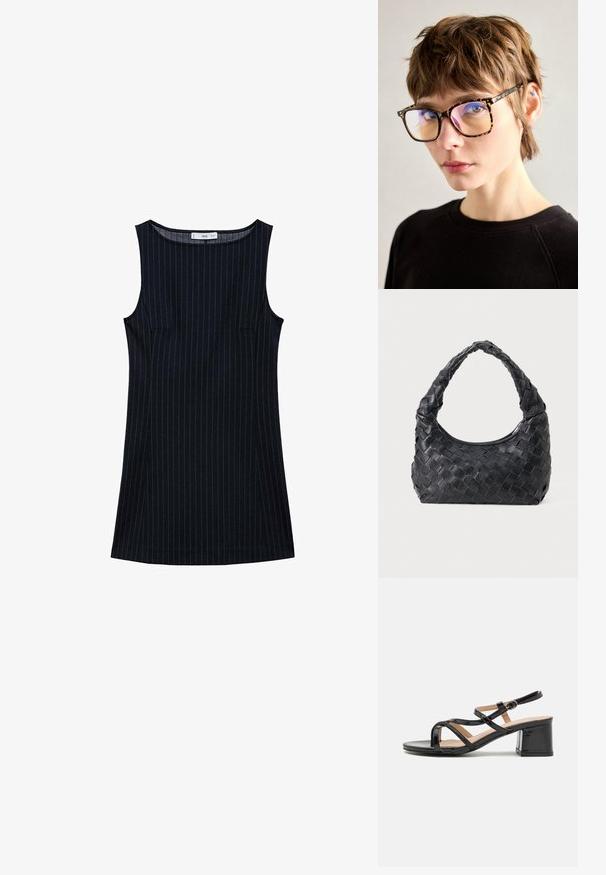 Mornarsko prugasta haljina bez rukava s ravnim krojem, koja ima bočne džepove i zaobljeni izrez. Glatka tekstura tkanine.; RAID ANSHIKA - Sandale - black; Ženske naočale od kornjačevine s velikim pravokutnim okvirom, s reflektirajućim lećama i tankim drškama, prikazane na neutralnoj pozadini.; Crna kožna torba za rame s pletenim uzorkom, zaobljenom drškom i oblikom u obliku polumjesece na jednobojnoj pozadini.