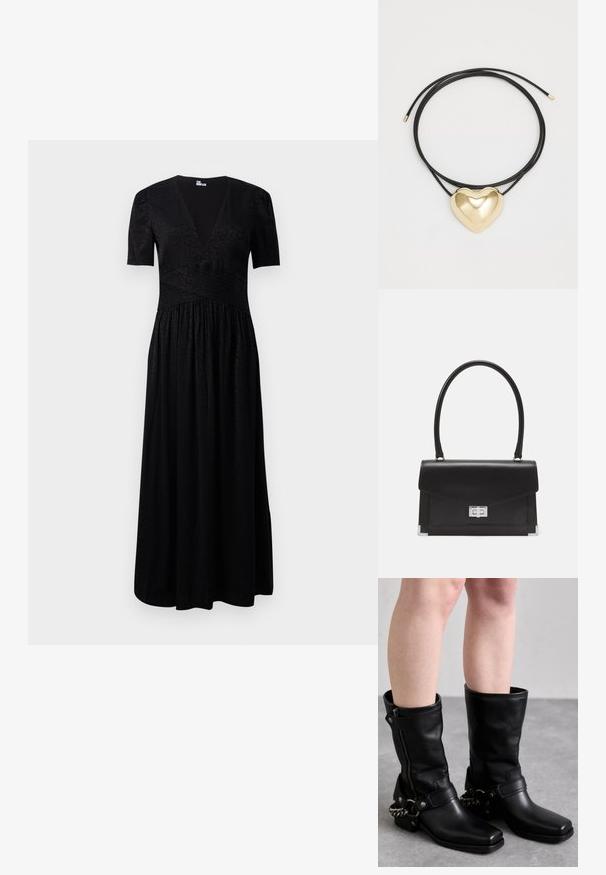 Črna maksi obleka z globokim V-izrezom, kratkimi rokavi, teksturiranim bodicem in nabranim krilom. Narejena je iz lahkotnega materiala s subtilnimi vzorci.; Črne usnjene škornje do kolen s kvadratnim prstom, stranskim zadrgo in nastavljivim trakom, ki vsebuje kovinsko verigo kot dekoracijo. Mat zaključek in trden podplat.; Črna usnjena torbica s strukturiranim dizajnom, zgornjo ročico in srebrnim sponko. Ima kotičke z dekorativnimi detajli in gladko teksturo.; Črna pletena verižica z obeskom v obliki zlate srca, ki ima gladke krivulje in sijočo površino.