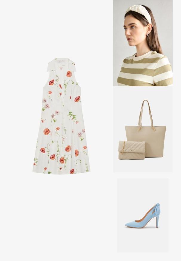 Rochie florală, realizată dintr-o țesătură albă cu modele de flori roz și portocalii, cu un guler și un design cu nasturi la față.; Pantofii cu toc înalt din suede bleu deschis au vârful ascuțit și o mică fundă accent în partea din spate. Au un design elegant și talpa interioară de culoare bej.; Geantă tote bej cu mânere plate, textură netedă și elemente de metal aurii, asociată cu un clutch matlasat asortat, având un bretele din lanț.; Bandă de cap din material moale, de culoare crem, cu un design răsucit, purtată alături de o bluză în dungi bej și albă, cu guler rotund. Accente discrete din bijuterii.