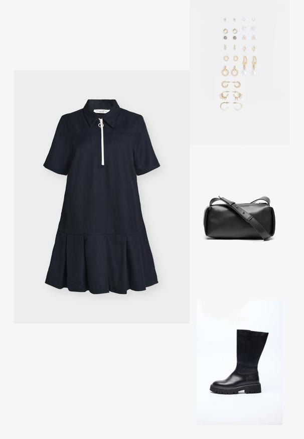 Laivastonsininen lyhythihainen mekko, jossa on kauluksellinen pääntie ja edessä vetoketju. Mekossa on levenevä, laskostettu helmiosa, joka lisää tilavuutta ja liikettä.; Mustan nahkaisen polvipituisen saappaan paksu pohja, jossa on sileä pinta, pyöreä kärki ja minimalistinen siluetti.; Musta nahkainen ristiselkäkassi, jolla on sylinterimäinen muoto, vetoketju suljettuna ja säädettävä hihna. Sujuva pinta ja minimalistiiset muotoiluyksityiskohdat.; Kultasetti kultaisenvärisiä korvakoruja, jotka sisältävät erilaisia muotoiluita, kuten nappikorviksia, rengaskorviksia ja roikkuvia korviksia, joissa on helmiä ja strasseja.