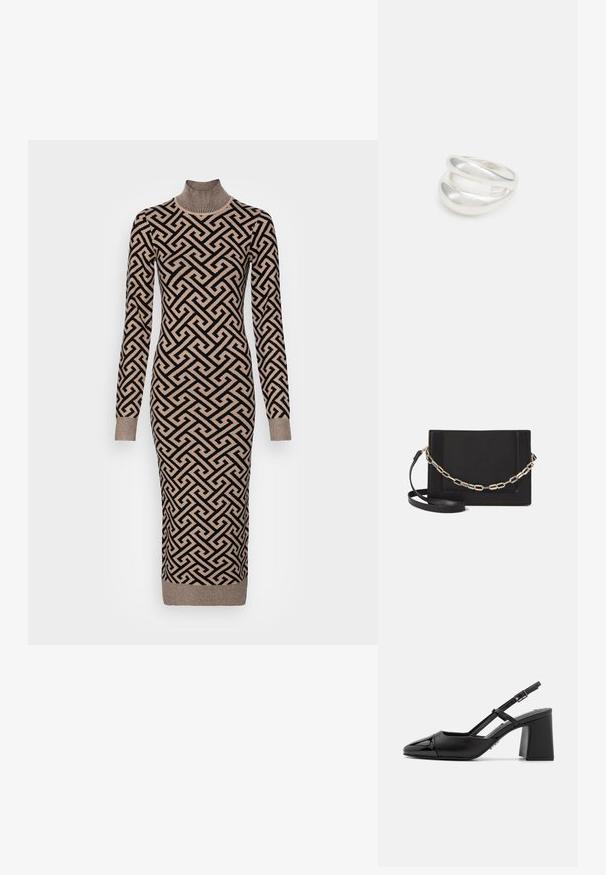 Garā piedurkņu adīta kleita ar augstu kaklu, kurai ir ģeometrisks melns un bēšs raksts, ribotām aprocēm un pieguļošu siluetu.; Melnas lakotas ādas slingback kurpes ar norādītu pirkstu, blokveida papēdi un regulējamu siksniņu. Gluda tekstūra un minimālistisks dizains.; Melna ādas crossbody soma ar gludu faktūru, taisnstūrveida formu un metalizētu ķēdes detaļu priekšā. Iekļauta regulējama siksna.; Sudraba divu joslu gredzens ar gludu, pulētu virsmu. Iezīmējas ar plūstošu, izliekta dizaina struktūru ar pārklājošām sekcijām modernam izskatam.
