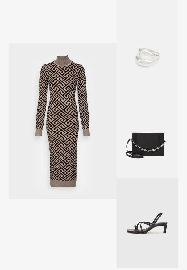 Vestido de punto de manga larga con cuello alto, con un patrón geométrico en negro y beige, puños acanalados y una silueta ajustada.; Sandalia negra de tiras con punta cuadrada y tacón bajo de bloque. Presenta múltiples tiras delgadas y una correa ajustable en el tobillo. Fabricada en cuero suave.; Bolso cruzado de piel negra con textura suave, forma rectangular y un detalle de cadena metálica en el frente. Incluye una correa ajustable.; Anillo de plata de doble banda con una superficie lisa y pulida. Presenta un diseño fluido y curvado con secciones superpuestas para un aspecto moderno.