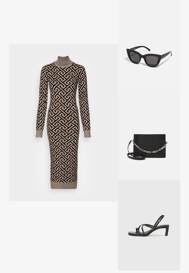 Langermet strikkekjole med høy hals, med et geometrisk svart og beige mønster, ribbede mansjetter og en tettsittende silhuett.; Sorte sandaler med stropper, firkantet tå og lav blokk hæl. Har flere tynne stropper og en justerbar ankelstropp. Laget av glatt lær.; Sorte katteau solbriller med mat finish, featuring grå tonede linser, skarpe vinkler og slanke sidearme. Merkenavn synlig på den indre armen.; Svart lær crossbody-veske med glatt tekstur, rektangulær form og metallkjede detaljer på framsiden. Justerbar stroppe inkludert.