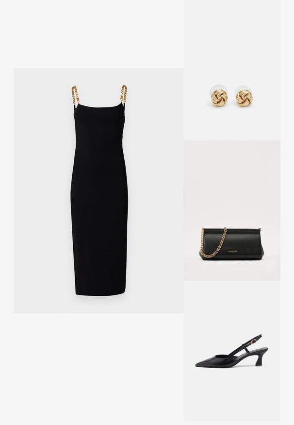 Schwarzes ärmelloses Kleid mit figurbetonter Silhouette, das goldene Kettenakzente an den Trägern aufweist. Aus dehnbarem Stoff für Komfort gefertigt.; Schwarze Leder-Slingback-Schuhe mit spitzer Zehenform, niedrigem Absatz und verstellbarem Riemen mit einem goldenen Ring-Akzent. Glatte Textur und minimalistisches Design.; Schwarze Leder-Clutch mit einer goldenen Ketten-Trage, die eine glatte Oberfläche, rechteckige Form und geprägtes Branding auf der Vorderseite aufweist.; Goldfarbene Ohrstecker mit Knoten in gedrehter Ausführung. Jeder Ohrstecker verfügt über eine runde, transparente Rückseite für sicheren Halt.